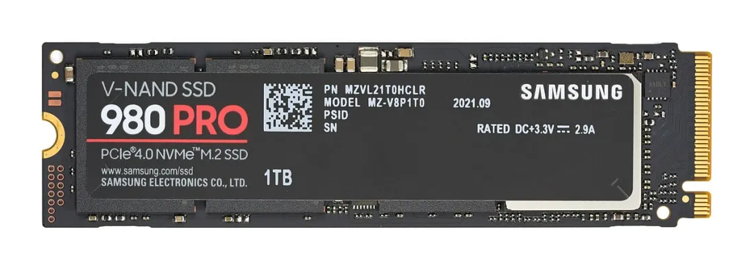 A long thin NVMe SSD stick with a label on top and gold contacts at one end.