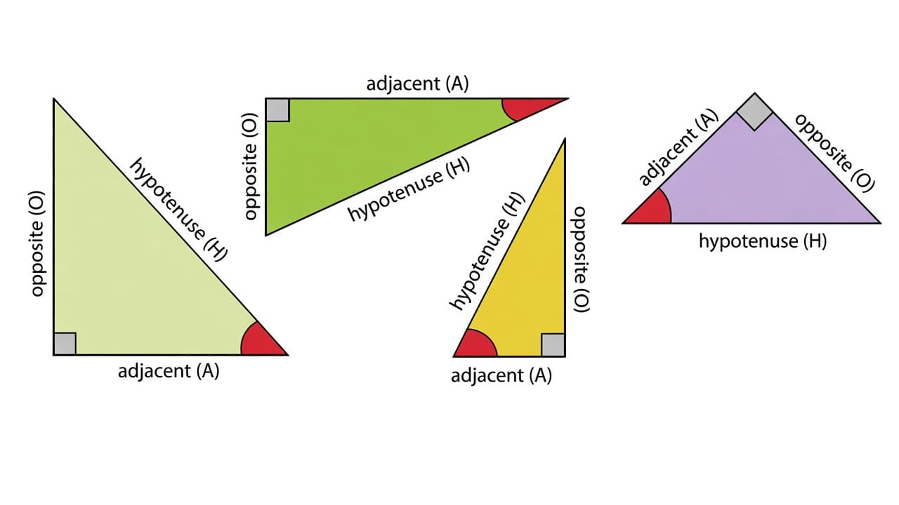 Four right-angled triangles in different positions, each with the hypotenuse, opposite and adjacent sides labelled for the marked angle.