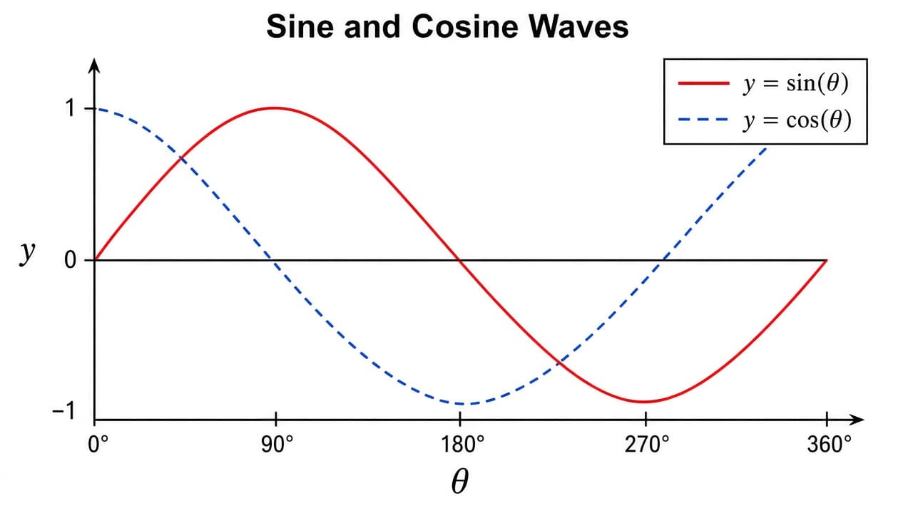 Graphs of y = sin(θ) and y = cos(θ) from 0° to 360°, showing the wave shapes and key points.
