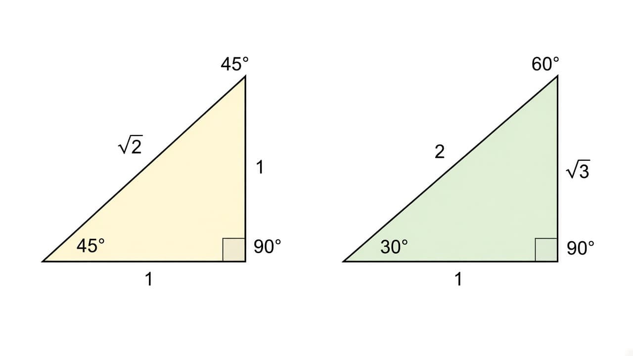 45-45-90 triangle with sides 1, 1, √2 and 30-60-90 triangle with sides 1, √3, 2.