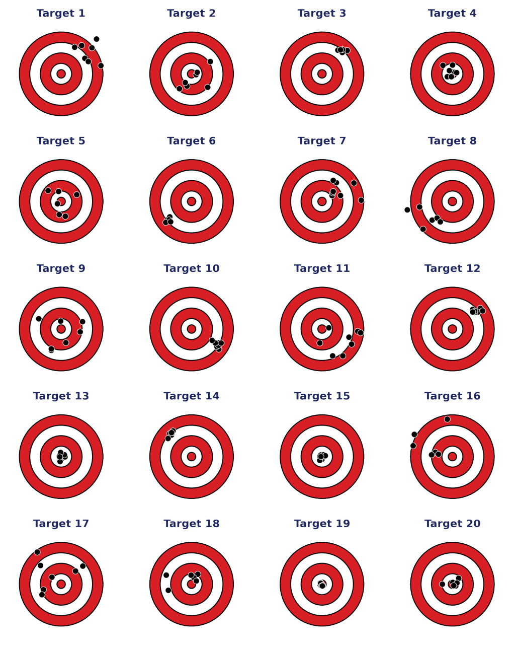Grid of twenty bullseye targets labelled Target 1 through Target 20, each with a cluster of shots.