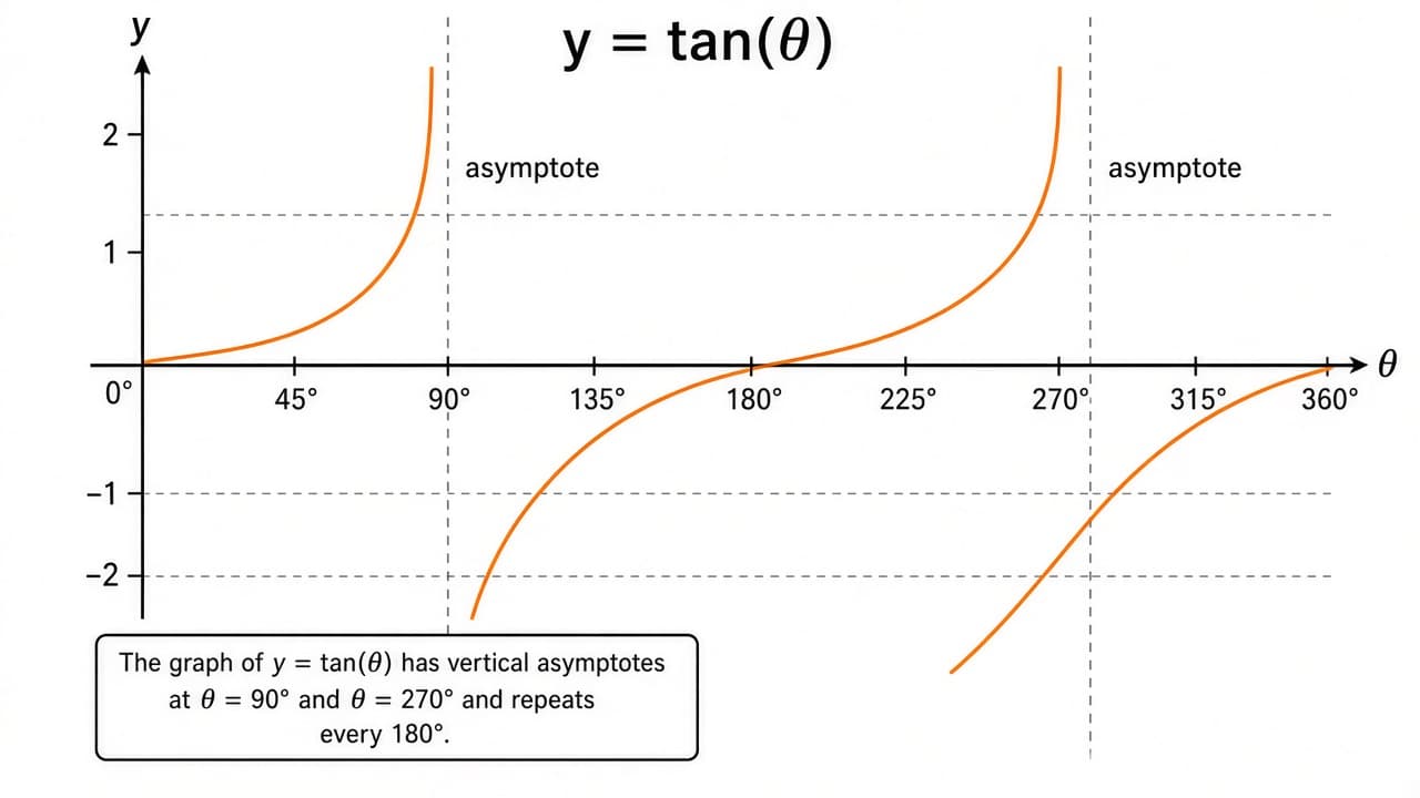 Graph of y = tan(θ) from 0° to 360° with vertical asymptotes at 90° and 270°.
